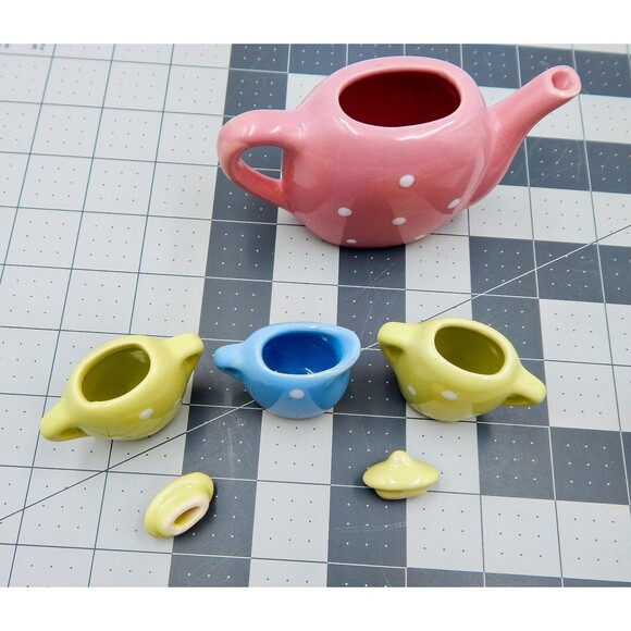 Child's Miniature Pastel Polka Dot Tea Set Brooklyn Lollipop Porcelain Replace - Picture 4 of 9